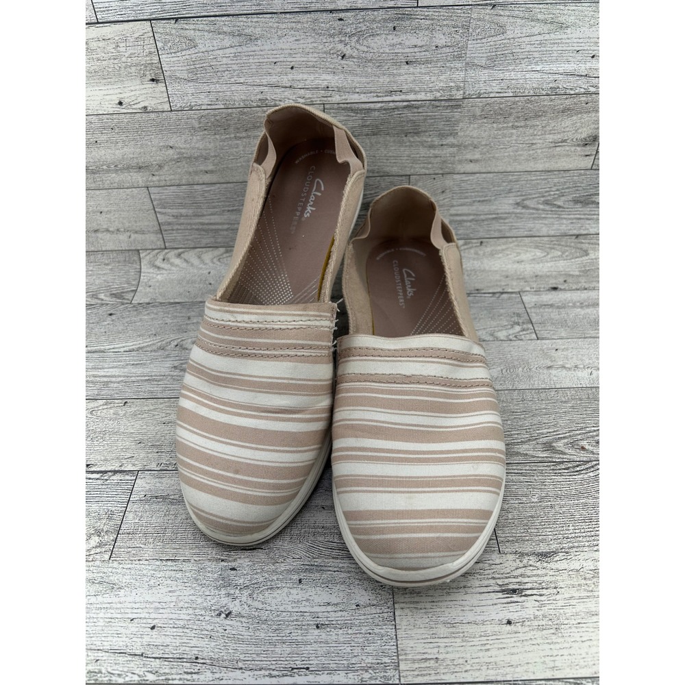 Clarks Cloudsteppers Women's Slip On Shoes Beige White Stripe Size 9.5M